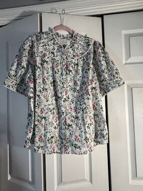J. Crew White Floral Button-Up Blouse with Pink & Green Accents